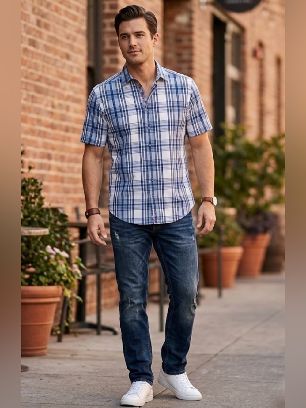 Robert Graham Shirt Sleeve Button Down Shirt 1XLT Tall Blue Plaid